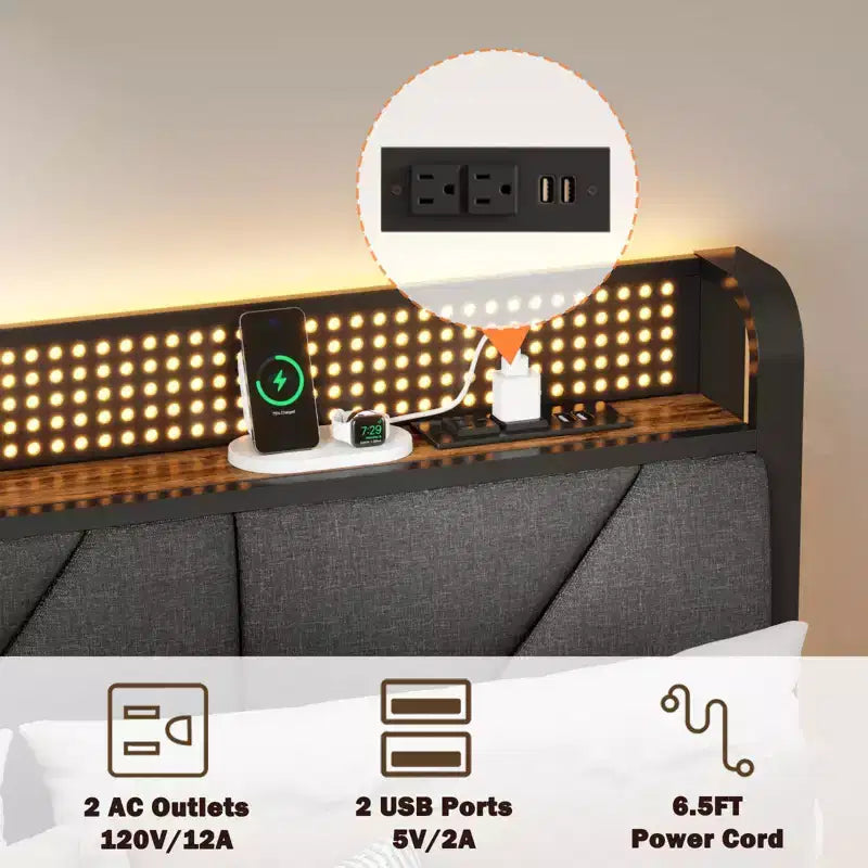 Struttura Letto Queen Size con Piattaforma, Testiera Imbottita, Luci LED, Stazione di Ricarica, Supporto in Metallo Rinforzato, Nessuna Rete a Molle Necessaria, Camera da Letto Moderna, USB