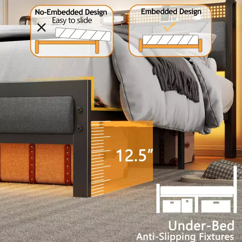 Struttura Letto Queen Size con Piattaforma, Testiera Imbottita, Luci LED, Stazione di Ricarica, Supporto in Metallo Rinforzato, Nessuna Rete a Molle Necessaria, Camera da Letto Moderna, USB