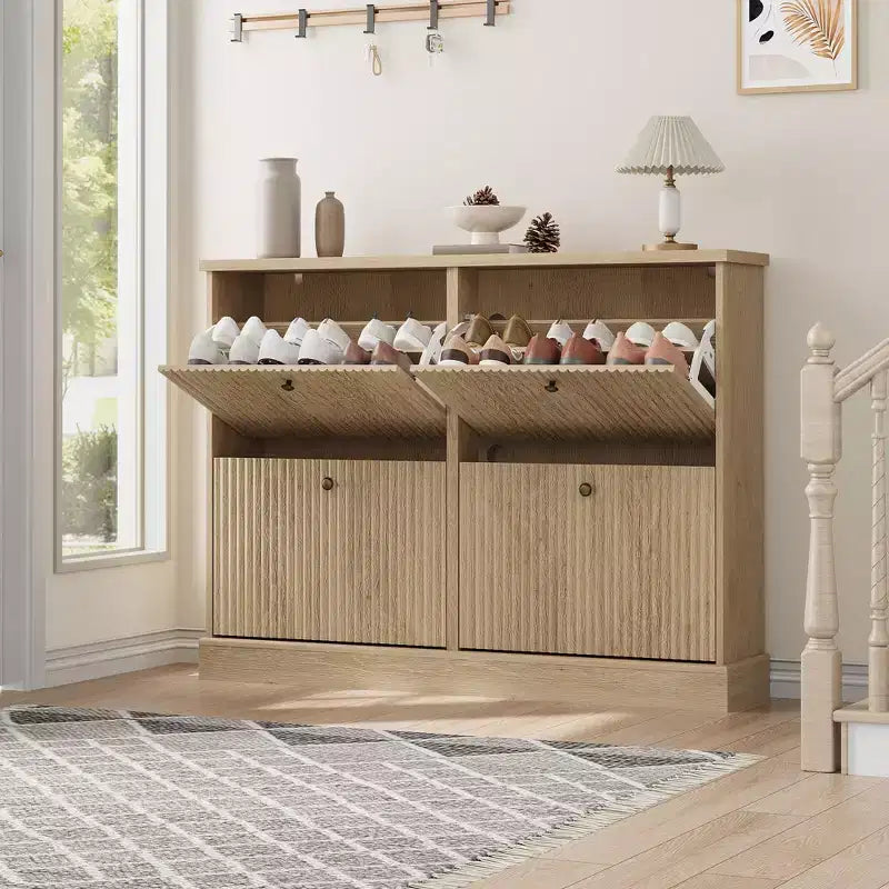 Scarpiera con 4 Ante a Ribalta, Organizzatore di Scarpe Stretto Moderno con Design a Onda e Ripiani Regolabili, Scarpiera per Ingresso, Soggiorno, Corridoio
