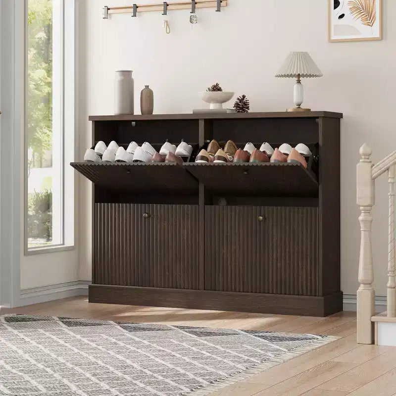 Scarpiera con 4 Ante a Ribalta, Organizzatore di Scarpe Stretto Moderno con Design a Onda e Ripiani Regolabili, Scarpiera per Ingresso, Soggiorno, Corridoio
