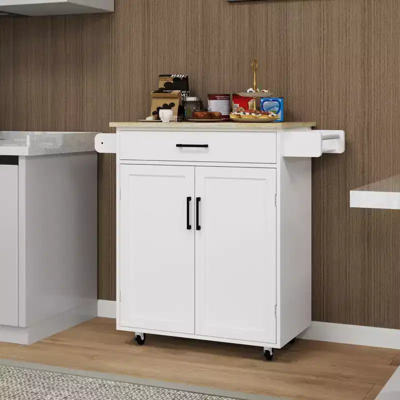 Carrello da cucina con isola su ruote con cassetto, armadietto, ripiano e piano in legno di caucciù