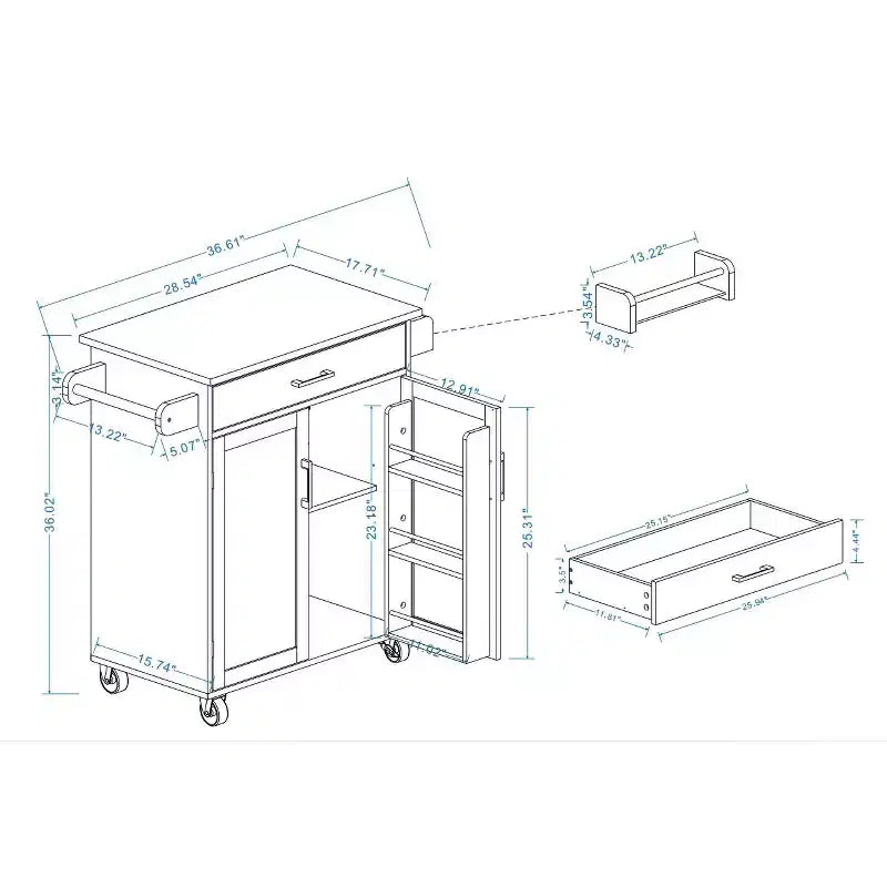 Carrello da cucina con isola su ruote con cassetto, armadietto, ripiano e piano in legno di caucciù