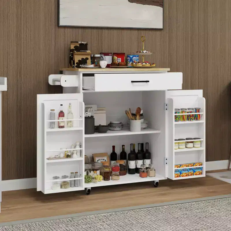 Carrello da cucina con isola su ruote con cassetto, armadietto, ripiano e piano in legno di caucciù