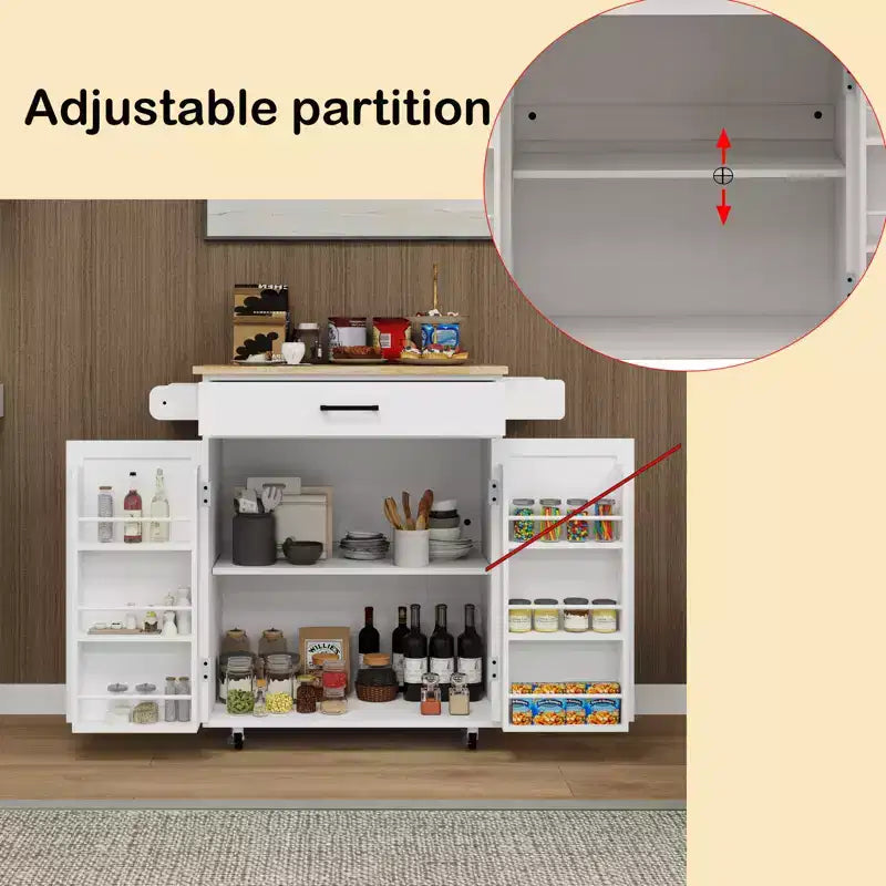 Carrello da cucina con isola su ruote con cassetto, armadietto, ripiano e piano in legno di caucciù