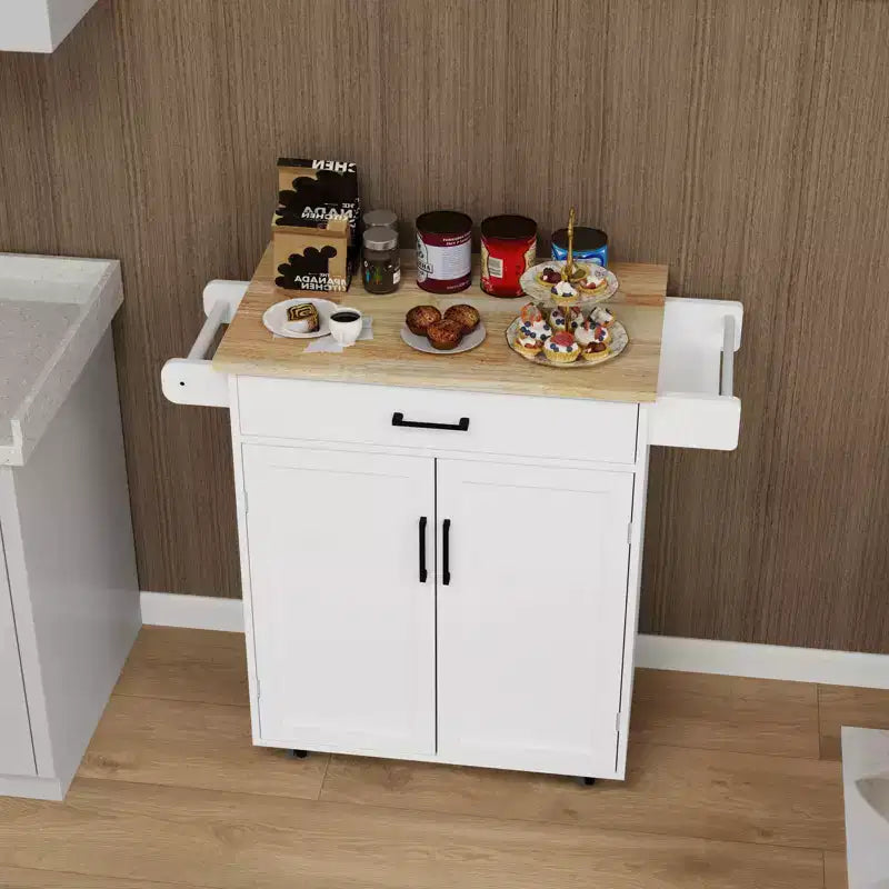 Carrello da cucina con isola su ruote con cassetto, armadietto, ripiano e piano in legno di caucciù