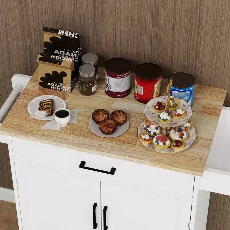 Carrello da cucina con isola su ruote con cassetto, armadietto, ripiano e piano in legno di caucciù