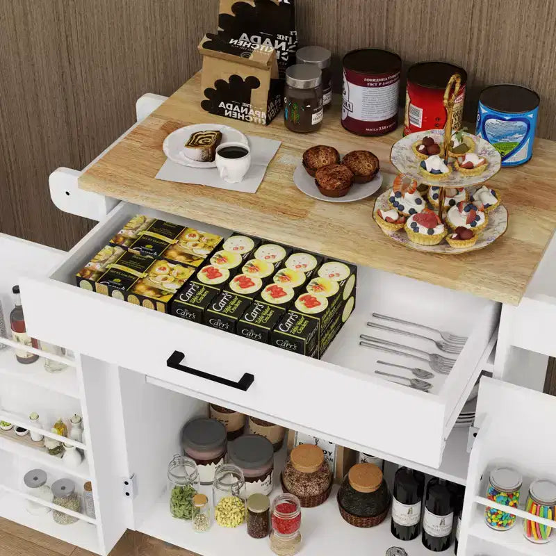 Carrello da cucina con isola su ruote con cassetto, armadietto, ripiano e piano in legno di caucciù
