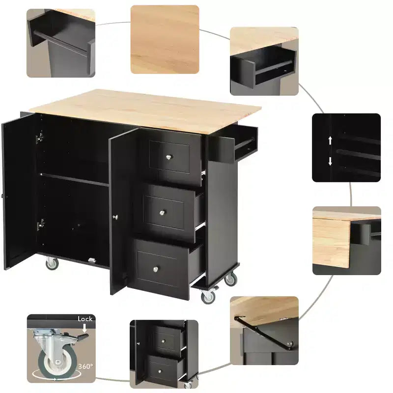 Isola da cucina mobile con piano in legno massello, anta a ribalta, ruote bloccabili, armadietto, portaspezie, portasciugamani e cassetto, 52,7 pollici