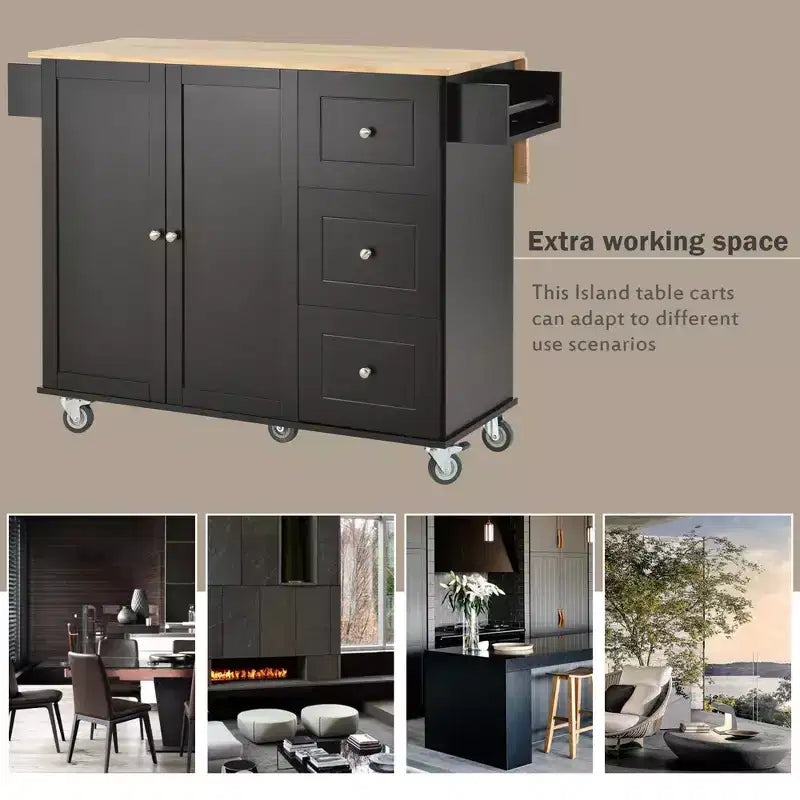 Isola da cucina mobile con piano in legno massello, anta a ribalta, ruote bloccabili, armadietto, portaspezie, portasciugamani e cassetto, 52,7 pollici