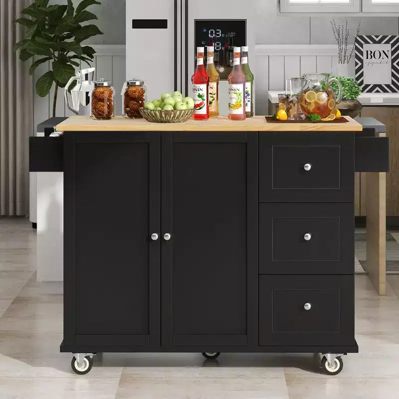 Isola da cucina mobile con piano in legno massello, anta a ribalta, ruote bloccabili, armadietto, portaspezie, portasciugamani e cassetto, 52,7 pollici