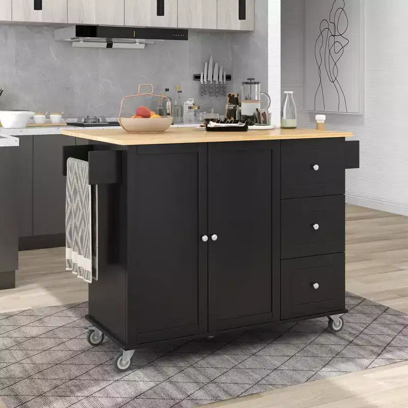 Isola da cucina mobile con piano in legno massello, anta a ribalta, ruote bloccabili, armadietto, portaspezie, portasciugamani e cassetto, 52,7 pollici