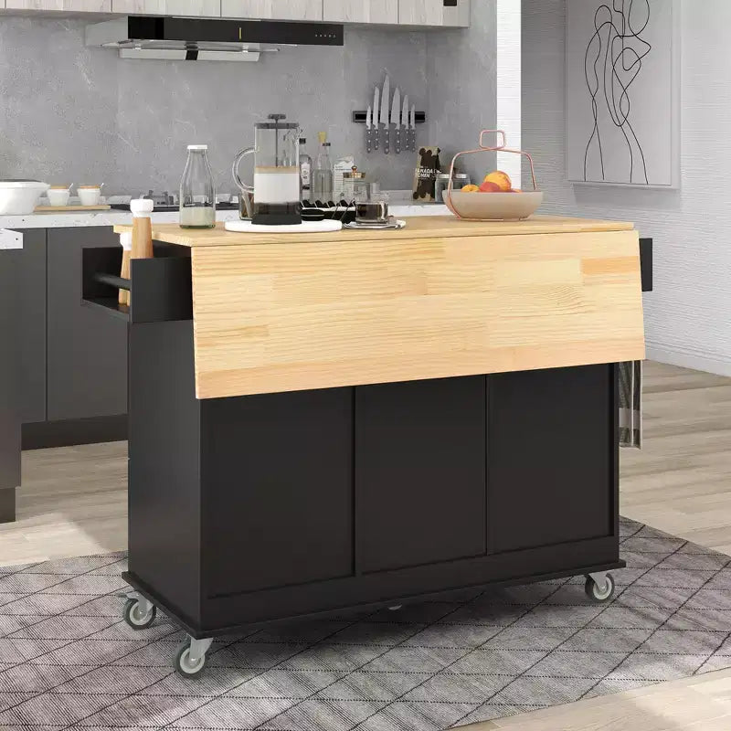 Isola da cucina mobile con piano in legno massello, anta a ribalta, ruote bloccabili, armadietto, portaspezie, portasciugamani e cassetto, 52,7 pollici