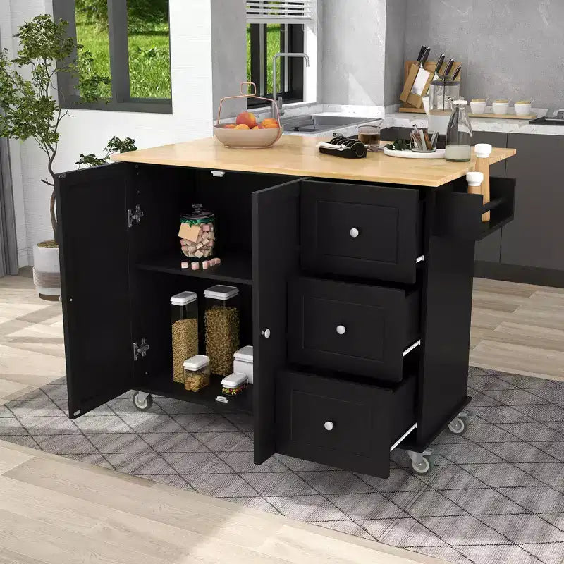 Isola da cucina mobile con piano in legno massello, anta a ribalta, ruote bloccabili, armadietto, portaspezie, portasciugamani e cassetto, 52,7 pollici
