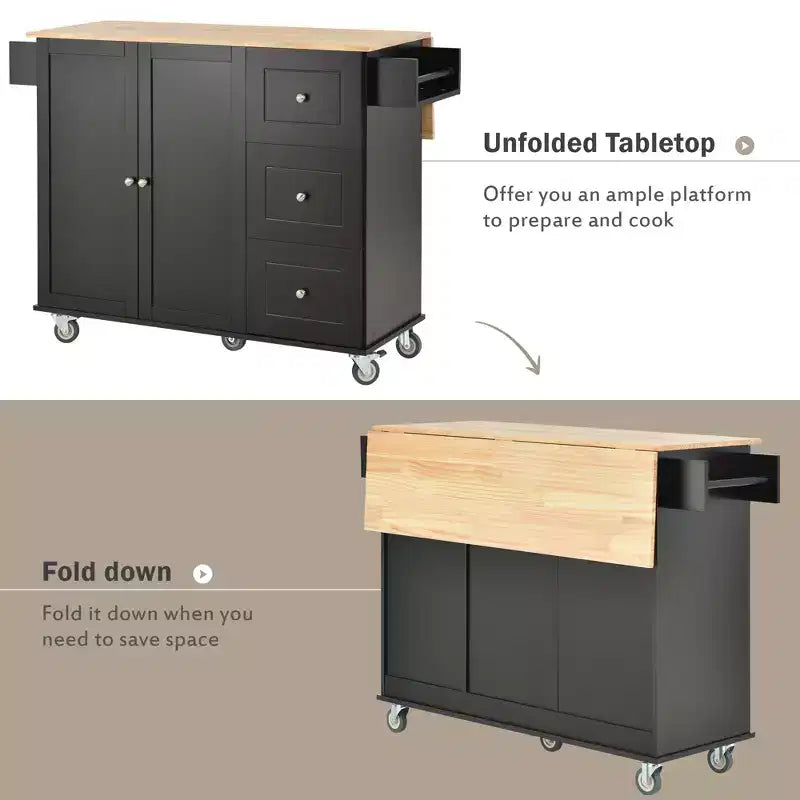 Isola da cucina mobile con piano in legno massello, anta a ribalta, ruote bloccabili, armadietto, portaspezie, portasciugamani e cassetto, 52,7 pollici