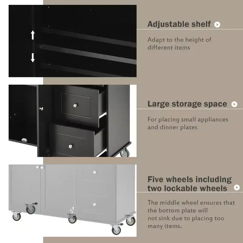 Isola da cucina mobile con piano in legno massello, anta a ribalta, ruote bloccabili, armadietto, portaspezie, portasciugamani e cassetto, 52,7 pollici