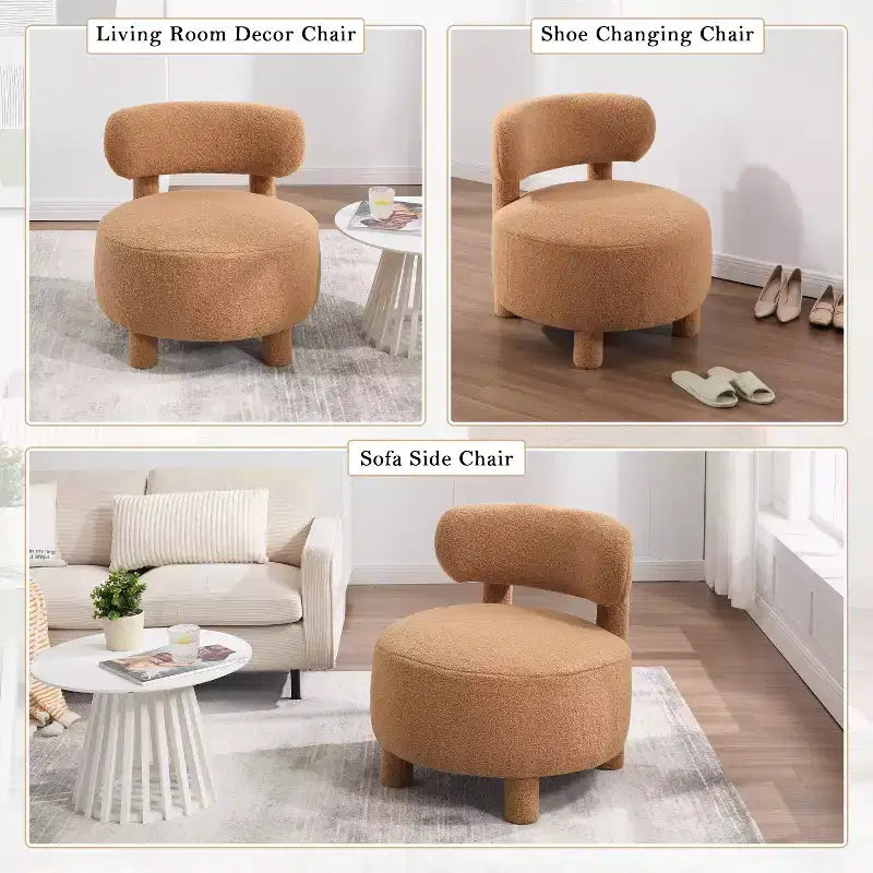 Poltrona moderna rotonda con schienale curvo, spessa imbottitura, gambe in legno, comoda sedia per leggere, per soggiorno, camera da letto