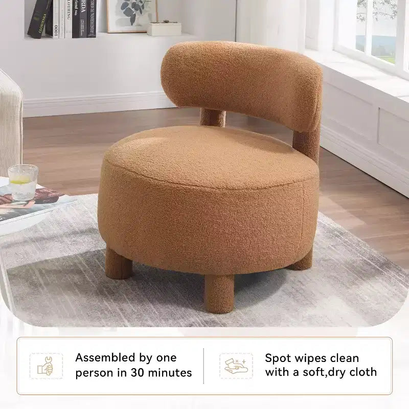 Poltrona moderna rotonda con schienale curvo, spessa imbottitura, gambe in legno, comoda sedia per leggere, per soggiorno, camera da letto