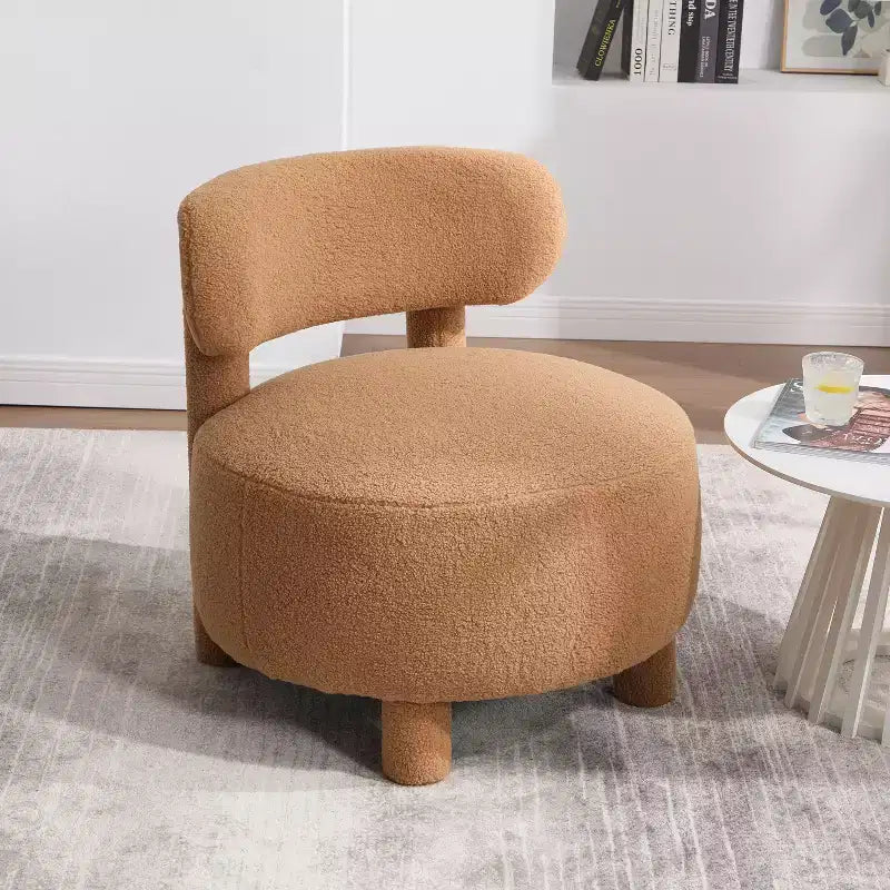 Poltrona moderna rotonda con schienale curvo, spessa imbottitura, gambe in legno, comoda sedia per leggere, per soggiorno, camera da letto