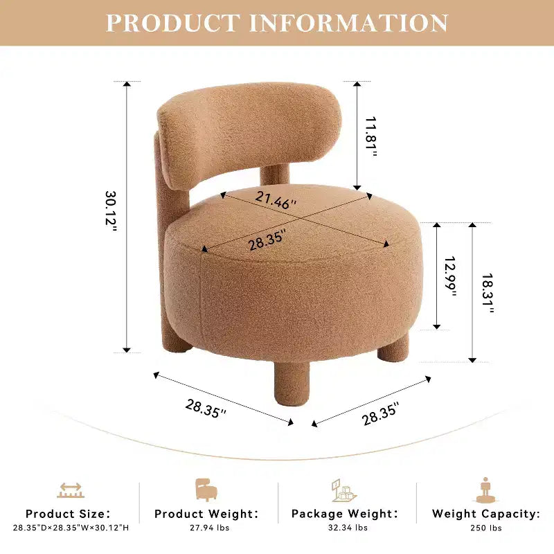 Poltrona moderna rotonda con schienale curvo, spessa imbottitura, gambe in legno, comoda sedia per leggere, per soggiorno, camera da letto