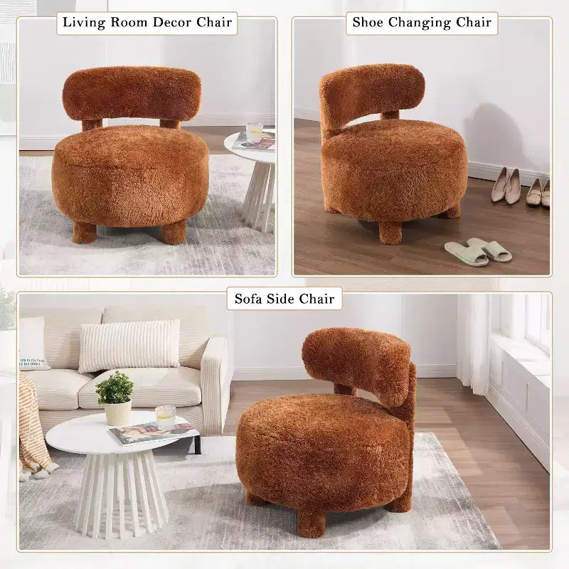 Poltrona moderna rotonda con schienale curvo, spessa imbottitura, gambe in legno, comoda sedia per leggere, per soggiorno, camera da letto
