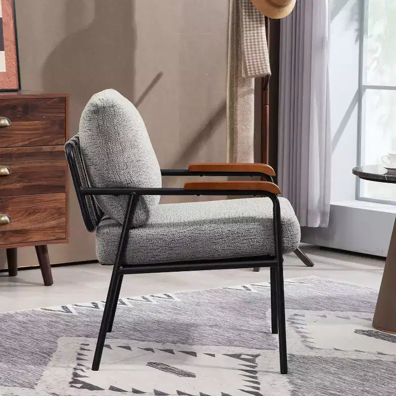 23 Poltrone moderne con braccioli in legno naturale Poltrona da lettura imbottita con struttura in metallo nero Poltrona lounge per soggiorno, camera da letto