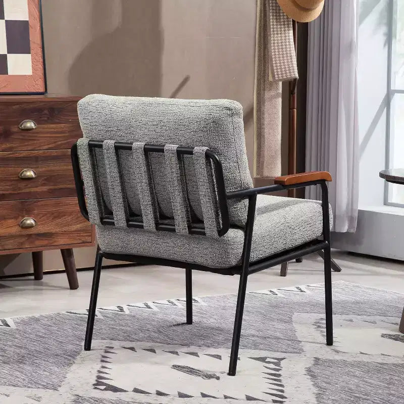 23 Poltrone moderne con braccioli in legno naturale Poltrona da lettura imbottita con struttura in metallo nero Poltrona lounge per soggiorno, camera da letto