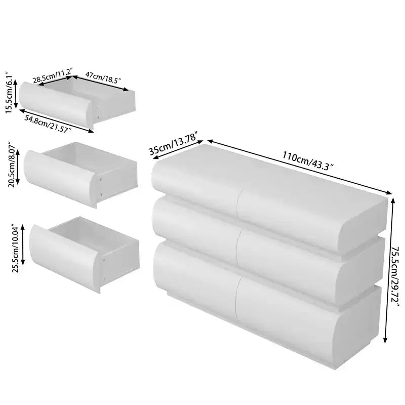 Comò a 6 cassetti da 43 pollici, senza maniglie, stile moderno, ampio spazio di archiviazione, adatto per camere da letto e soggiorni, bianco