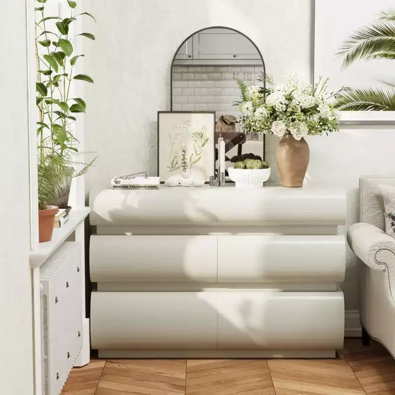 Comò a 6 cassetti da 43 pollici, senza maniglie, stile moderno, ampio spazio di archiviazione, adatto per camere da letto e soggiorni, bianco