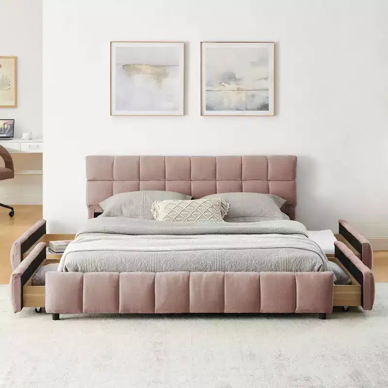 Letto matrimoniale imbottito con testiera in tessuto ciniglia, struttura letto solida con cassetto per camera da letto, colore rosa