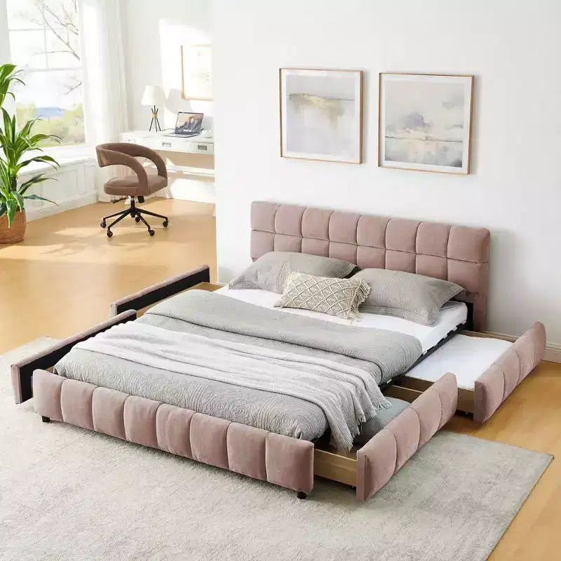 Letto matrimoniale imbottito con testiera in tessuto ciniglia, struttura letto solida con cassetto per camera da letto, colore rosa