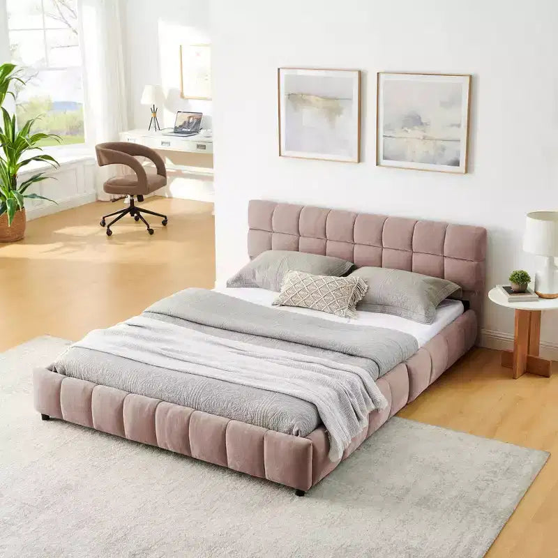 Letto matrimoniale imbottito con testiera in tessuto ciniglia, struttura letto solida con cassetto per camera da letto, colore rosa