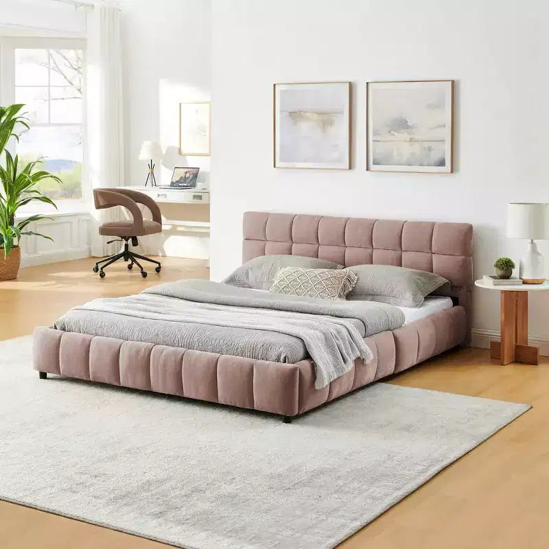 Letto matrimoniale imbottito con testiera in tessuto ciniglia, struttura letto solida con cassetto per camera da letto, colore rosa