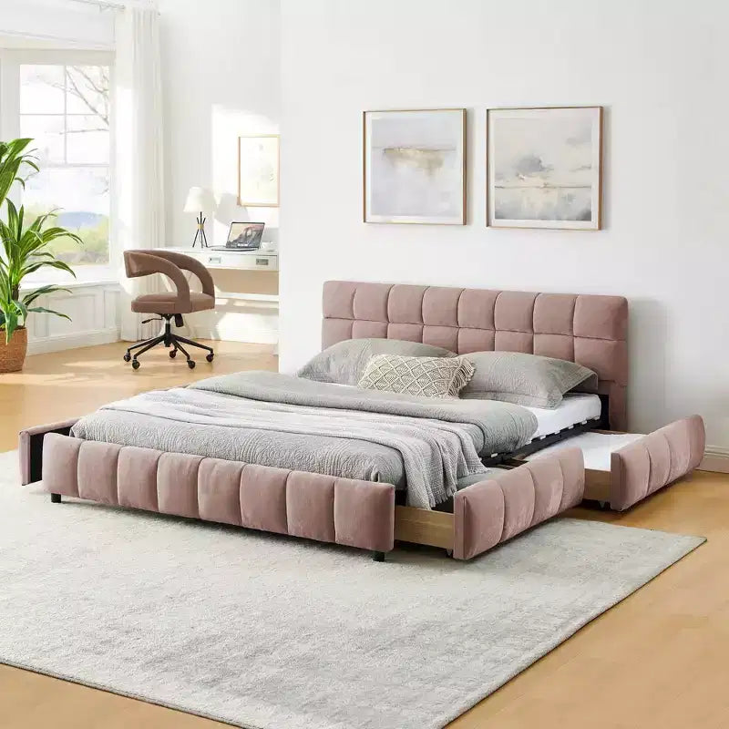 Letto matrimoniale imbottito con testiera in tessuto ciniglia, struttura letto solida con cassetto per camera da letto, colore rosa