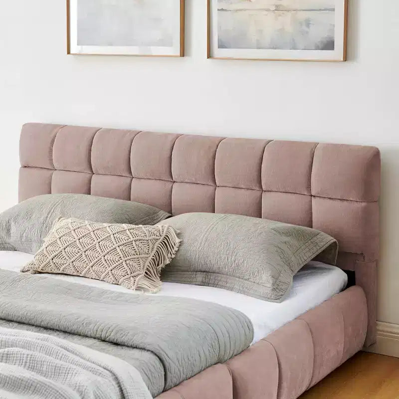 Letto matrimoniale imbottito con testiera in tessuto ciniglia, struttura letto solida con cassetto per camera da letto, colore rosa