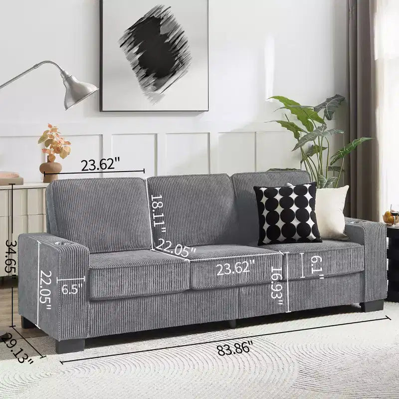 Divano moderno in velluto a coste da 83,86 pollici, divano a 3 posti con 2 portabicchieri per soggiorno, camera da letto, ufficio, appartamento, grigio