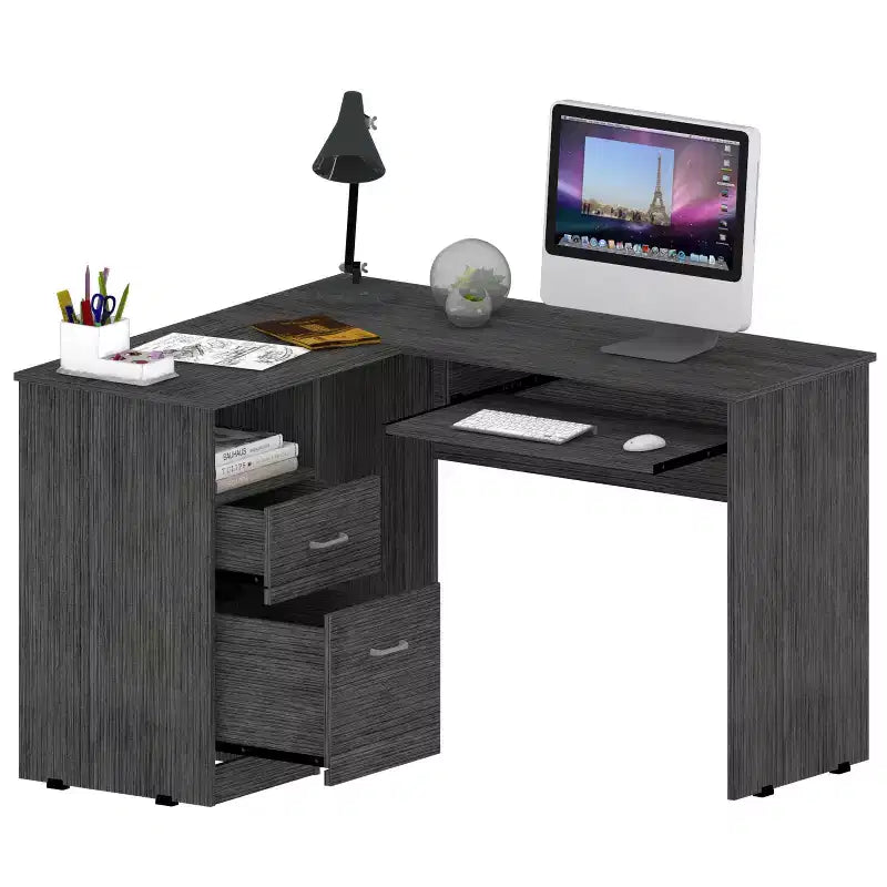 Scrivania angolare a L, Scrivania per computer con due cassetti e vano per CPU, Ripiano per tastiera, Ripiano aperto, Scrivania da scrittura per ufficio, camera da letto