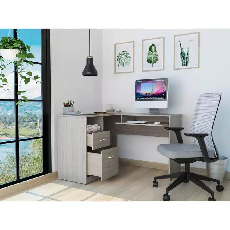 Scrivania angolare a L, Scrivania per computer con due cassetti e vano per CPU, Ripiano per tastiera, Ripiano aperto, Scrivania da scrittura per ufficio, camera da letto