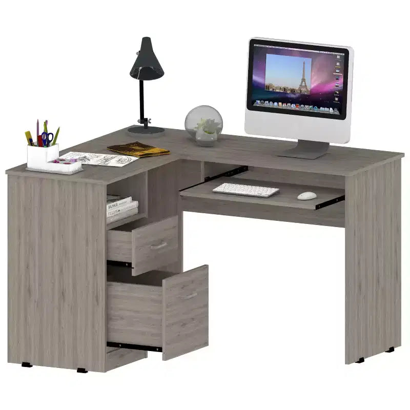 Scrivania angolare a L, Scrivania per computer con due cassetti e vano per CPU, Ripiano per tastiera, Ripiano aperto, Scrivania da scrittura per ufficio, camera da letto