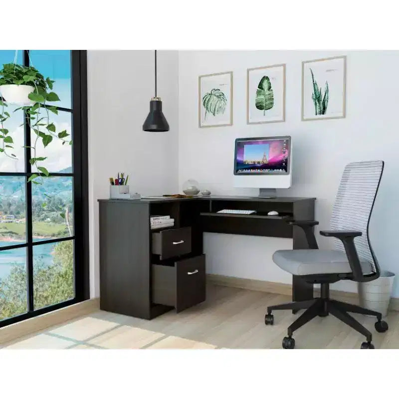 Scrivania angolare a L, Scrivania per computer con due cassetti e vano per CPU, Ripiano per tastiera, Ripiano aperto, Scrivania da scrittura per ufficio, camera da letto