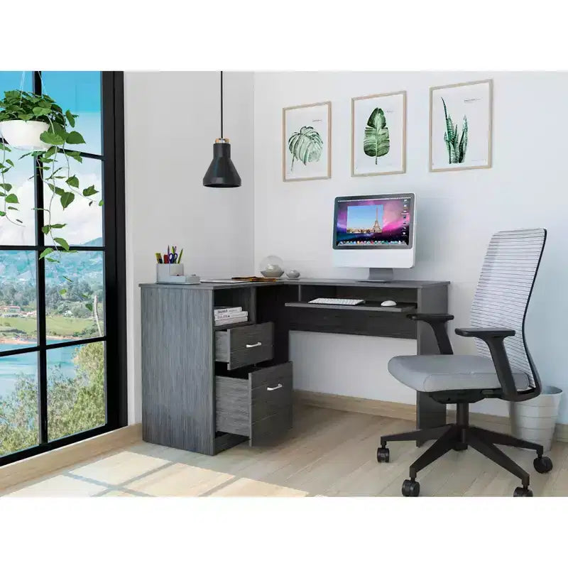 Scrivania angolare a L, Scrivania per computer con due cassetti e vano per CPU, Ripiano per tastiera, Ripiano aperto, Scrivania da scrittura per ufficio, camera da letto