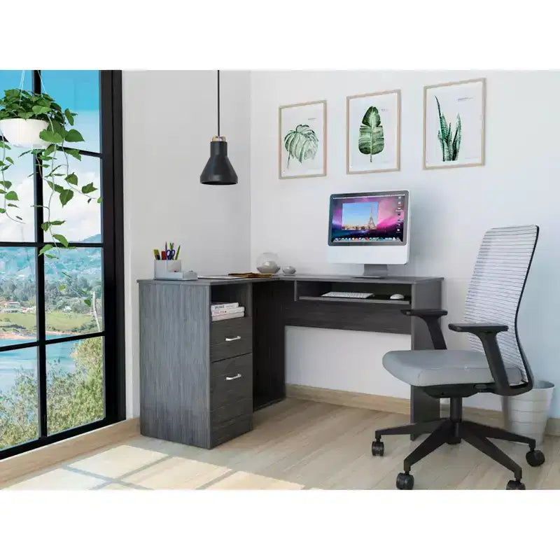 Scrivania angolare a L, Scrivania per computer con due cassetti e vano per CPU, Ripiano per tastiera, Ripiano aperto, Scrivania da scrittura per ufficio, camera da letto