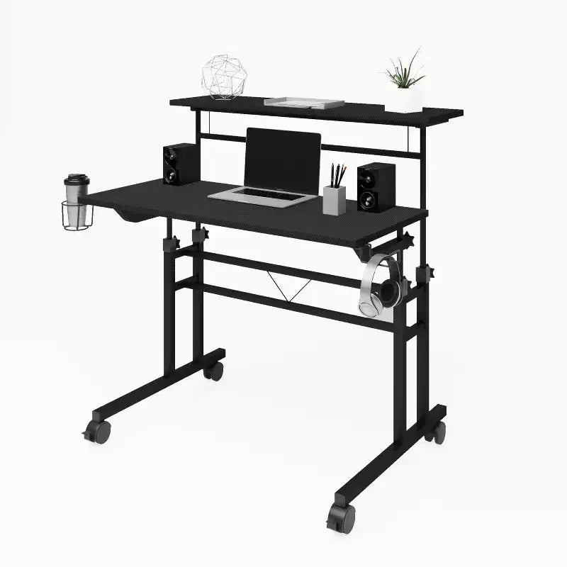Scrivania da Scrittura su Ruote, Scrivania da Studio con Piano Regolabile in Altezza, Scaffale Mobile, Ruote Bloccabili, Portabicchieri, Supporto per Cuffie, Scrivania per Ufficio