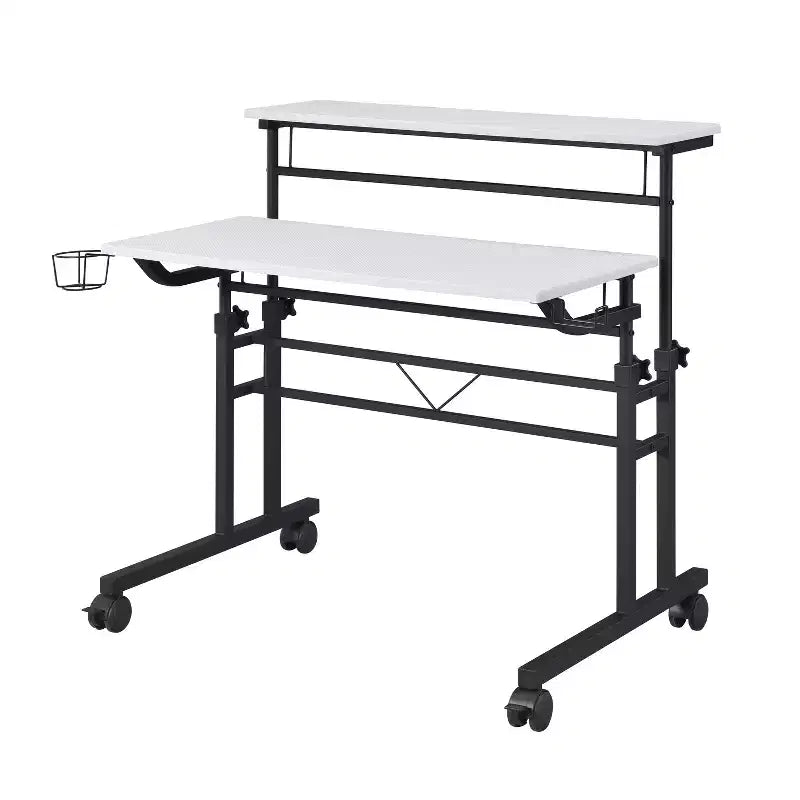 Scrivania da Scrittura su Ruote, Scrivania da Studio con Piano Regolabile in Altezza, Scaffale Mobile, Ruote Bloccabili, Portabicchieri, Supporto per Cuffie, Scrivania per Ufficio