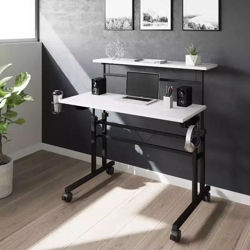 TUYOHW Rolling Writing Desk,Study Desk with Height Adjustable Desktop,Movable Shelf,Locking Wheels,Cup Holder,Headphone Holder,Desk for Office