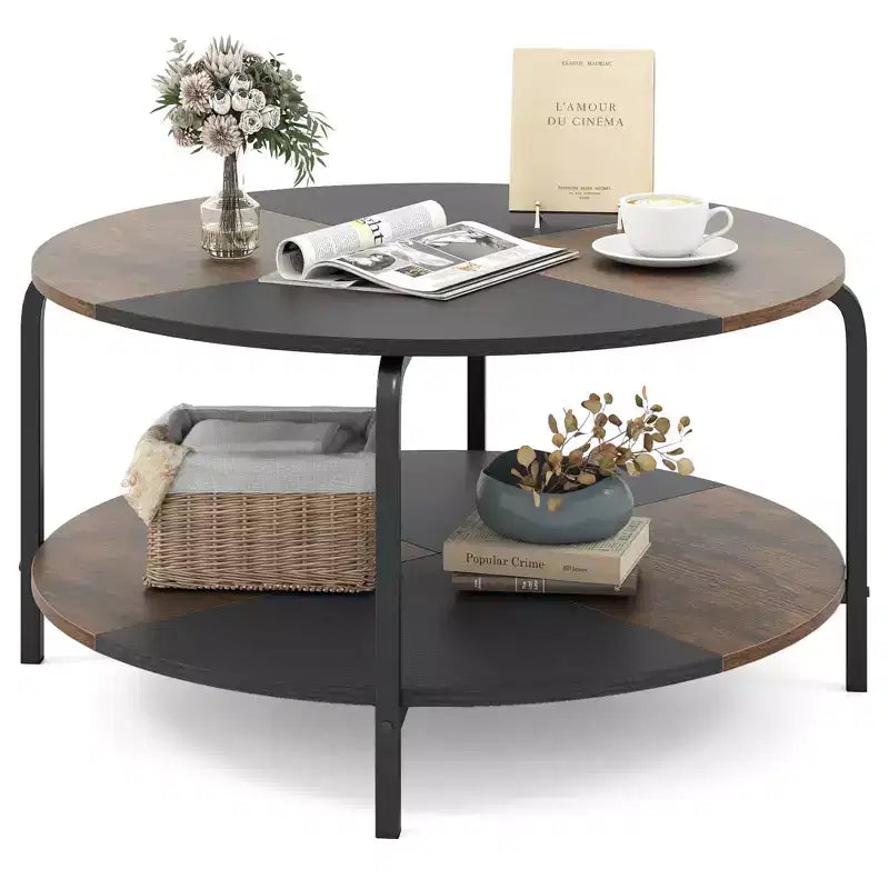 Costway 2-Tier Round Coffee Table w/Storage Shelf Metal Frame for Living Room Apartment Rustic Brown