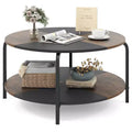Costway 2-Tier Round Coffee Table w/Storage Shelf Metal Frame for Living Room Apartment Rustic Brown