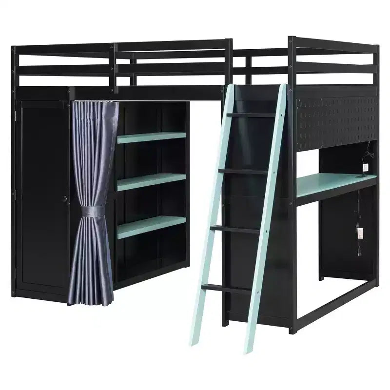 Letto a Soppalco da Gioco Full Size con Scrivania e Luci RGB, Struttura Letto a Soppalco in Legno Full con Armadio, Mensole e Tende Oscuranti