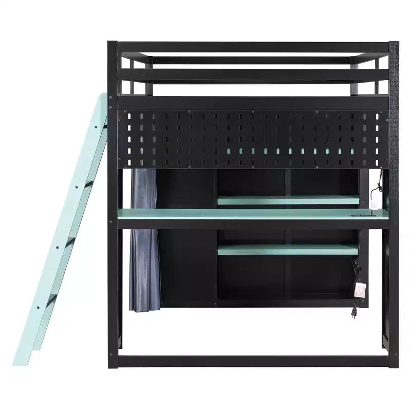 Letto a Soppalco da Gioco Full Size con Scrivania e Luci RGB, Struttura Letto a Soppalco in Legno Full con Armadio, Mensole e Tende Oscuranti