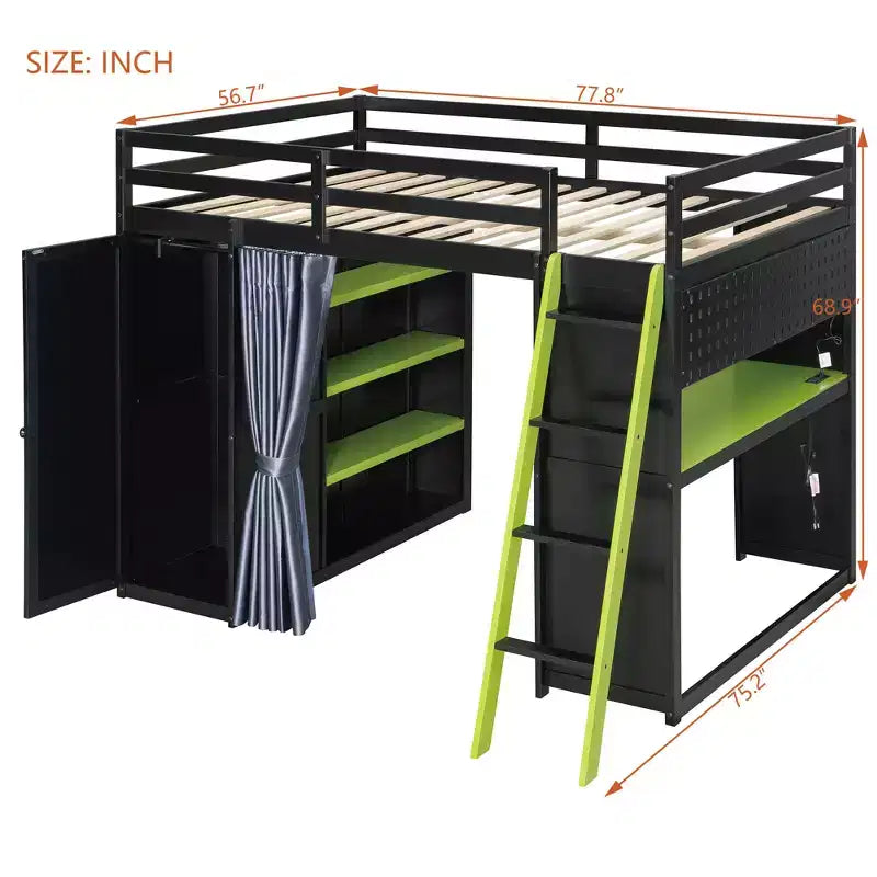 Letto a Soppalco da Gioco Full Size con Scrivania e Luci RGB, Struttura Letto a Soppalco in Legno Full con Armadio, Mensole e Tende Oscuranti
