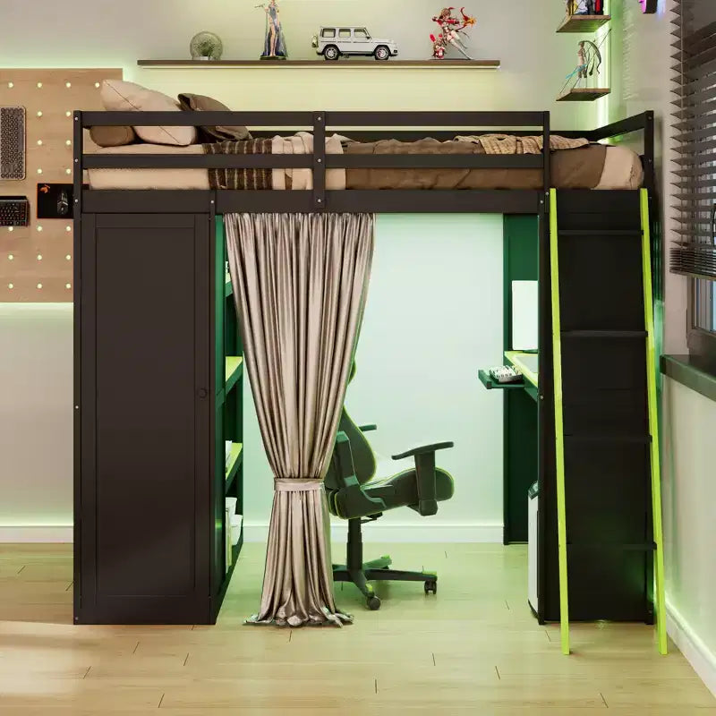 Letto a Soppalco da Gioco Full Size con Scrivania e Luci RGB, Struttura Letto a Soppalco in Legno Full con Armadio, Mensole e Tende Oscuranti